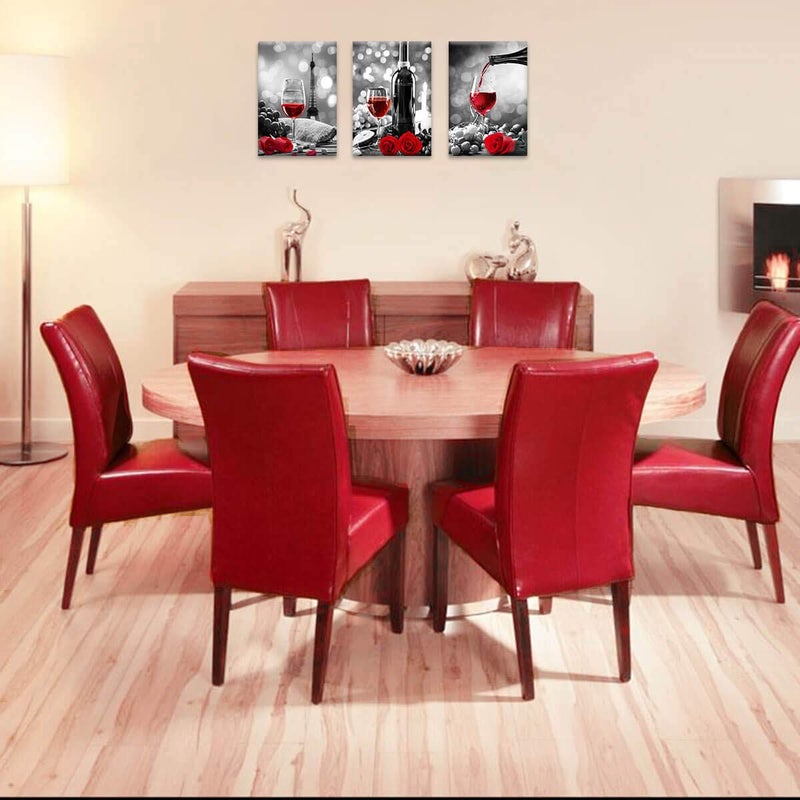 KAKEMONO Wine Decor Kitchen Canvas Art Red Wine Rose Artwork for Home Walls Black and White With Red Wine Painting Printed Rose Art Dining Room Decor Red Kitchen Pictures Wall Decor Stretched 16x24inchx3 - Image 4